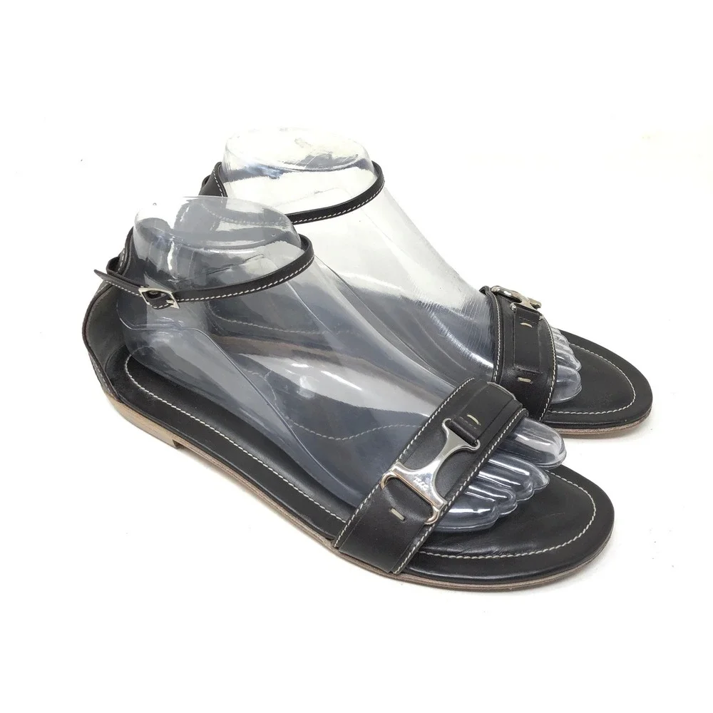 Tods Womens 38 Sandals Black Leather Ankle Strap Silver T-Bar Hardware Flat